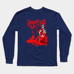 Zombie Hand Bloodied Juggernog on Navy Blue Long Sleeve T-Shirt